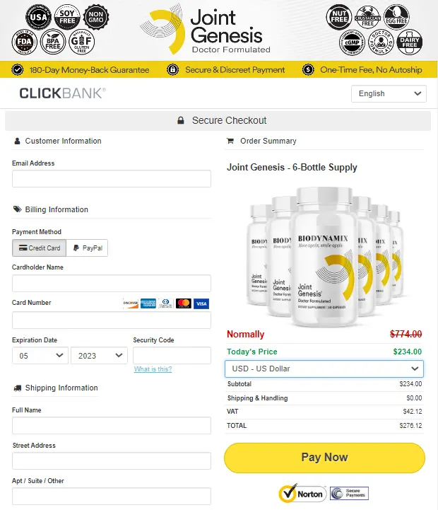 jointgenesis Secure Checkout page